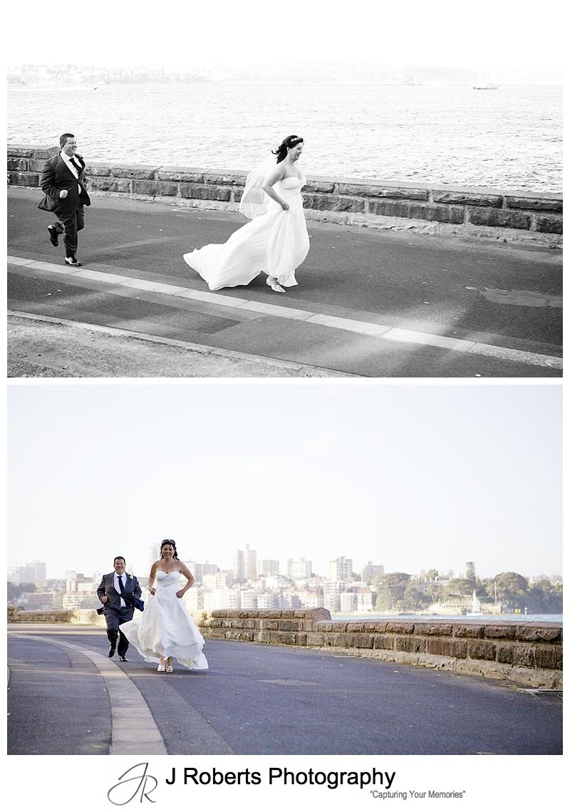Groom chasing runaway bride - sydney wedding photography 